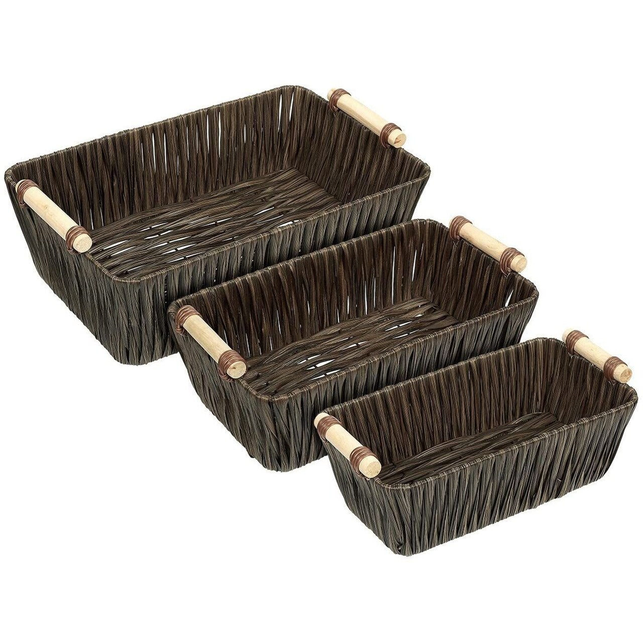 Wicker Basket, Woven Storage Baskets with Light Wooden Handles (Brown, 3 Pieces)